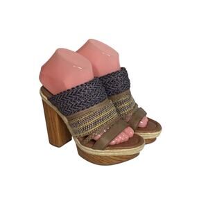 Lucky Brand Open Toe Platform Mules Sz. 7.5 EUC Mika Faux Wood Block Heels 4in